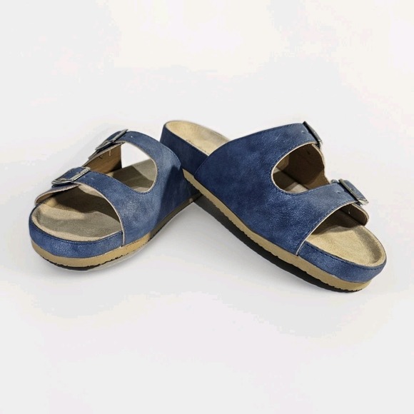 comfortview Shoes - Comfortview‎ Slide Sandals Womens 8w Blue Double Strap Adjustable Buckle Flat